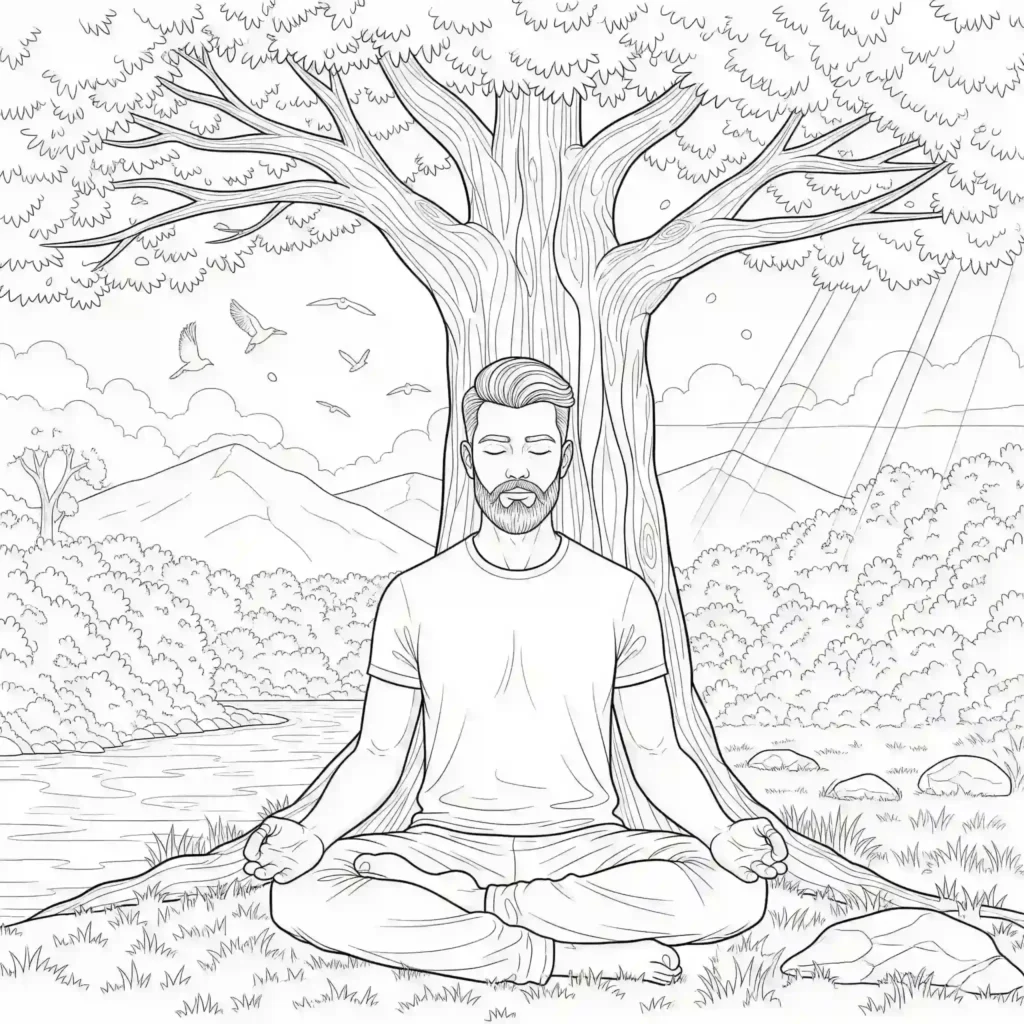 A man meditating under a tree in a nature scene with a river, mountains, birds, and sunlight rays