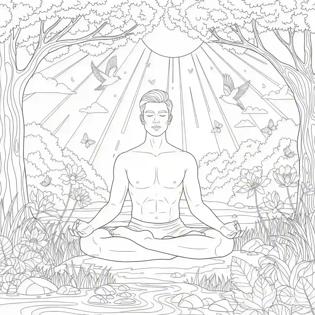A man meditating by water in a nature scene with trees, flowers, butterflies, birds, and sunlight.