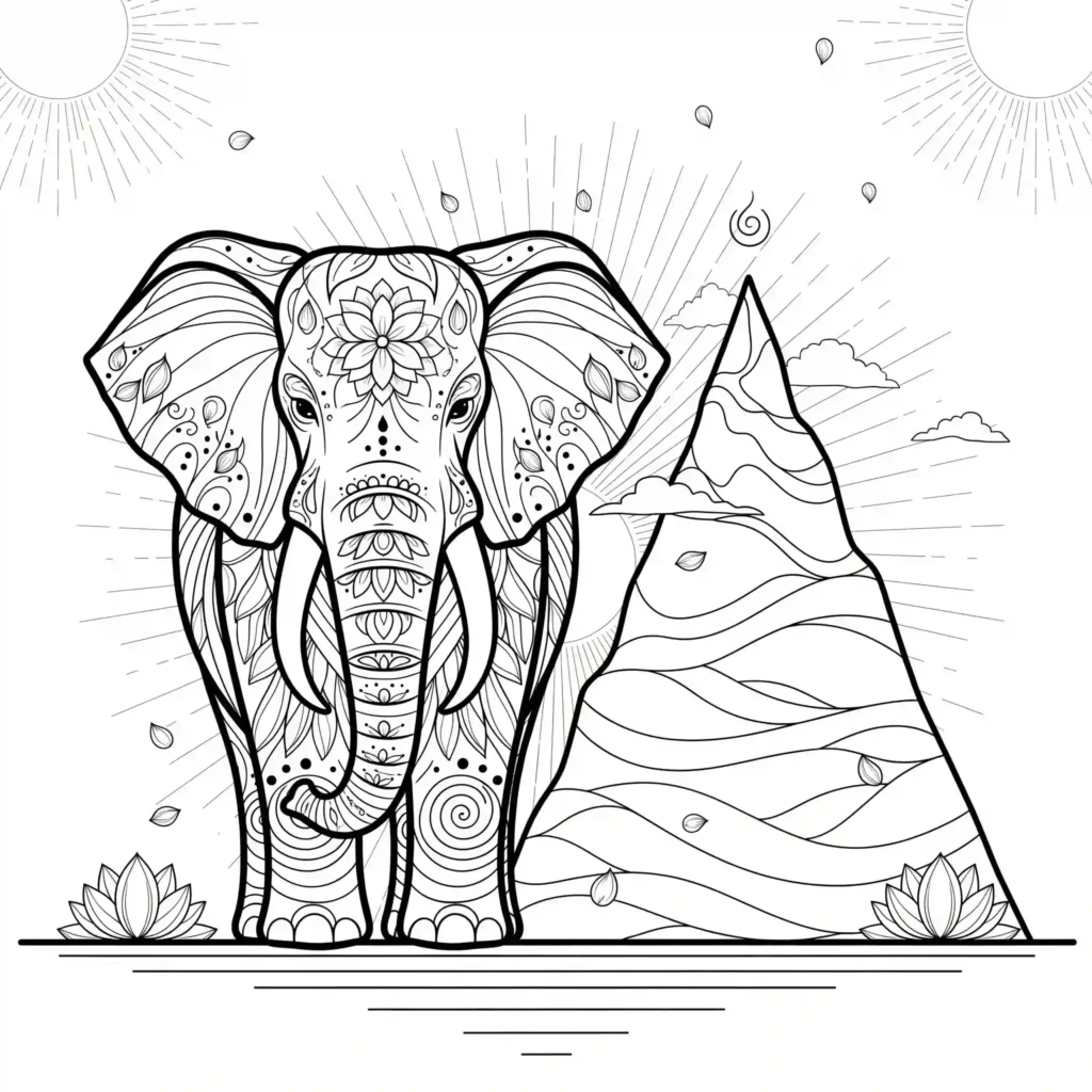 Black-and-white drawing of an elephant with mandala patterns, a mountain, lotus flowers, and a sun with falling petals, designed for coloring.
