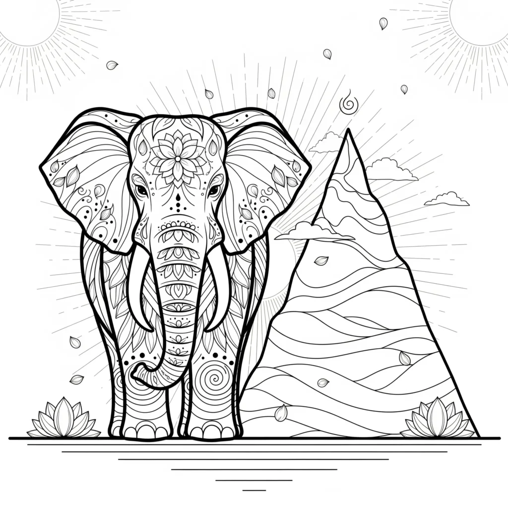 A black-and-white illustration of a mandala-decorated elephant facing forward, standing before a stylized mountain with flowing lines. Two lotus flowers are at the base, and a radiant sun with rays and floating petals adorns the background.