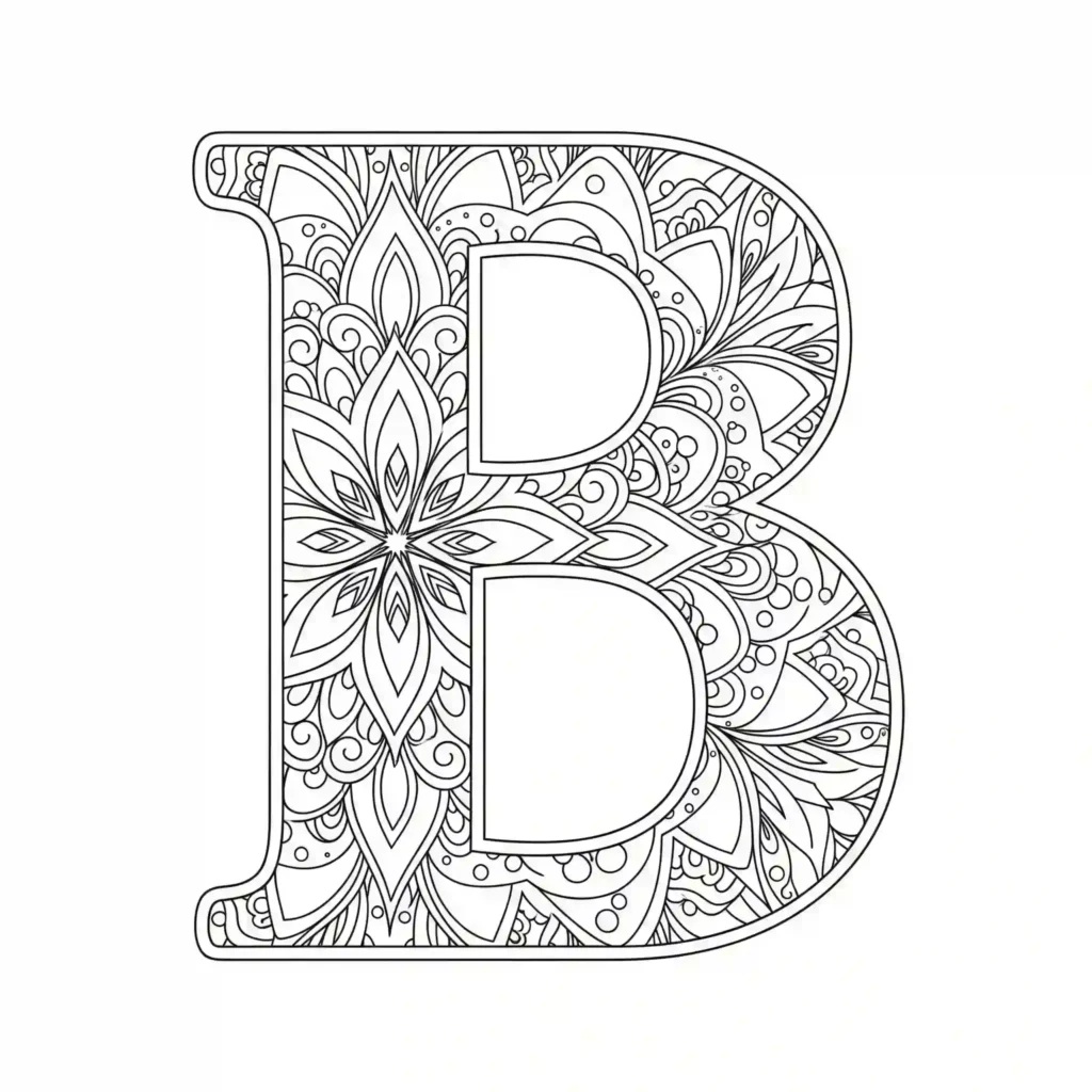 Black-and-white coloring page of the letter B filled with intricate mandala patterns featuring floral and geometric designs.