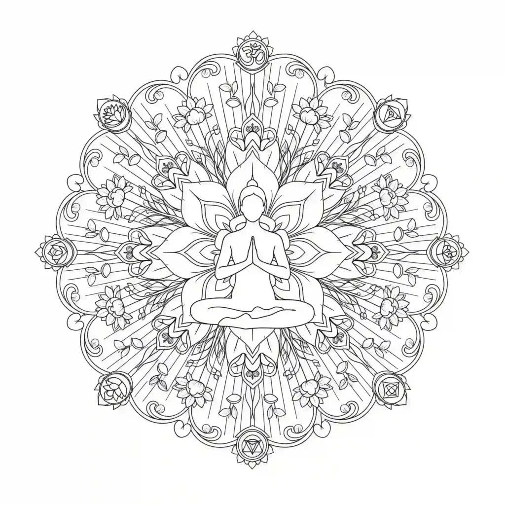 Black-and-white illustration of a meditating figure in a lotus pose within a detailed mandala with floral and geometric elements.