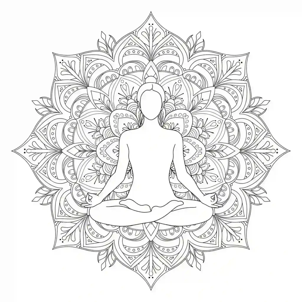 Black-and-white illustration of a person meditating in a lotus pose within an elaborate mandala design.