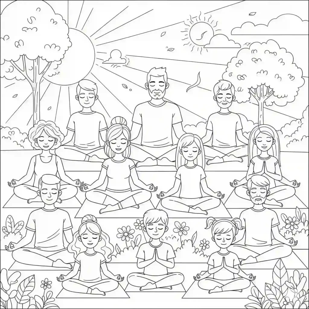 Black-and-white illustration of a group of people meditating in a lotus pose during sunrise, surrounded by trees and flowers.
