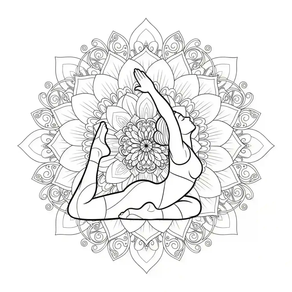 Black-and-white illustration of a person in a bow yoga pose surrounded by a detailed mandala design.