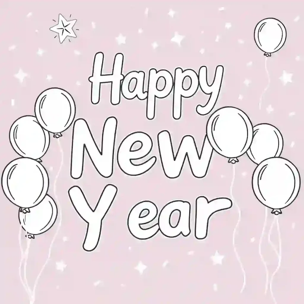 A black-and-white illustration with the text "Happy New Year" in bold letters, surrounded by balloons and scattered stars on a light pink background with minimal confetti.