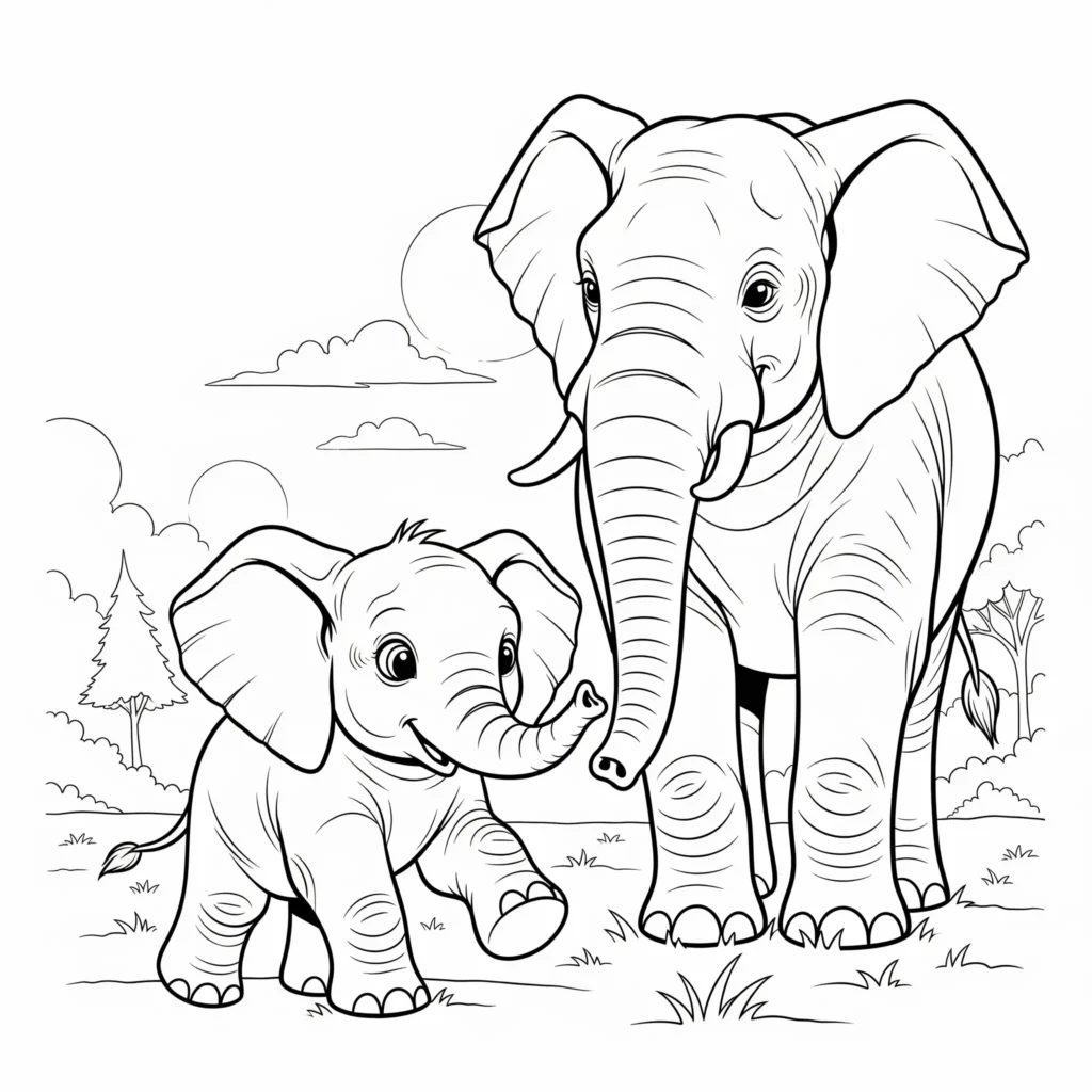 Black-and-white drawing of a mother elephant and baby elephant in a natural setting with grass, trees, clouds, and a sun.