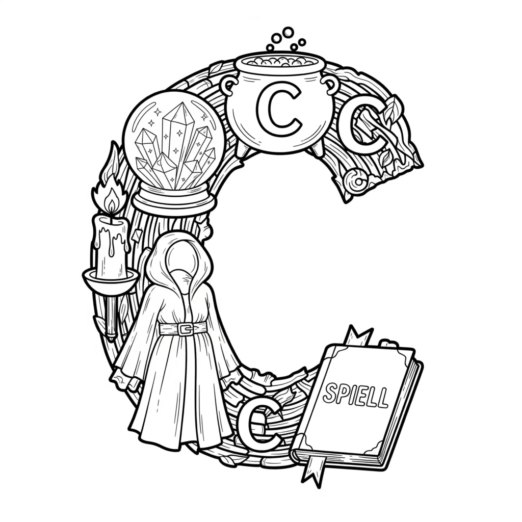 Black outline of the letter "C" surrounded by mystical items like a crystal ball, cauldron, candle, robed figure, and a spellbook labeled "SPELL" on a white background with wooden texture.