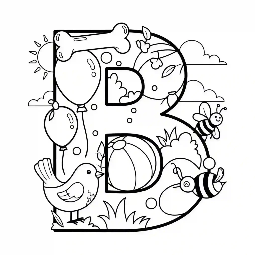 : Black-and-white coloring page of the letter B with a bone, balloons, beach ball, bird, bees, flowers, grass, clouds, and a sun.