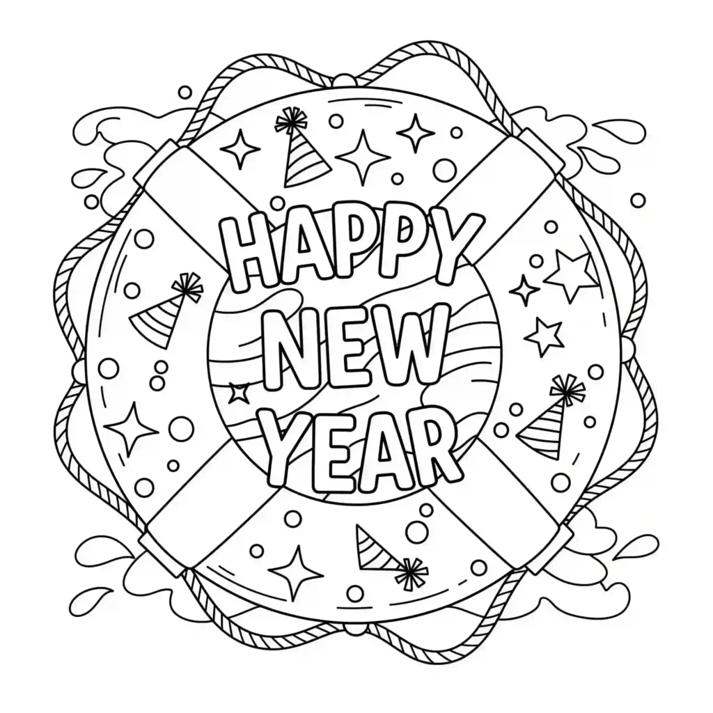 Black-and-white Happy New Year coloring page with the text "HAPPY NEW YEAR" inside a life preserver, surrounded by party hats, stars, splashes, and confetti.