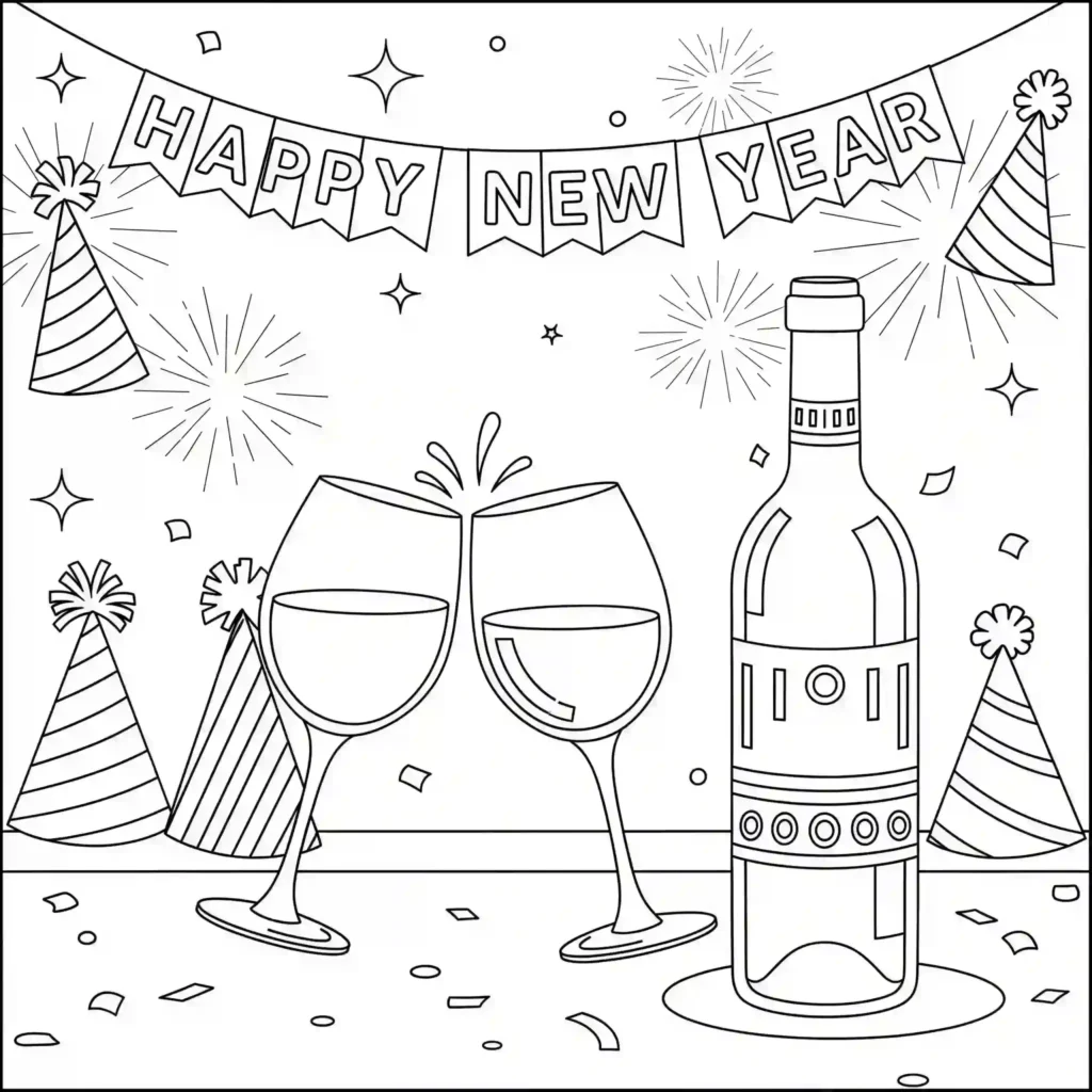 A black-and-white illustration of a New Year scene with two clinking champagne glasses, a bottle, party hats, and a "Happy New Year" banner, surrounded by fireworks, confetti, and stars.