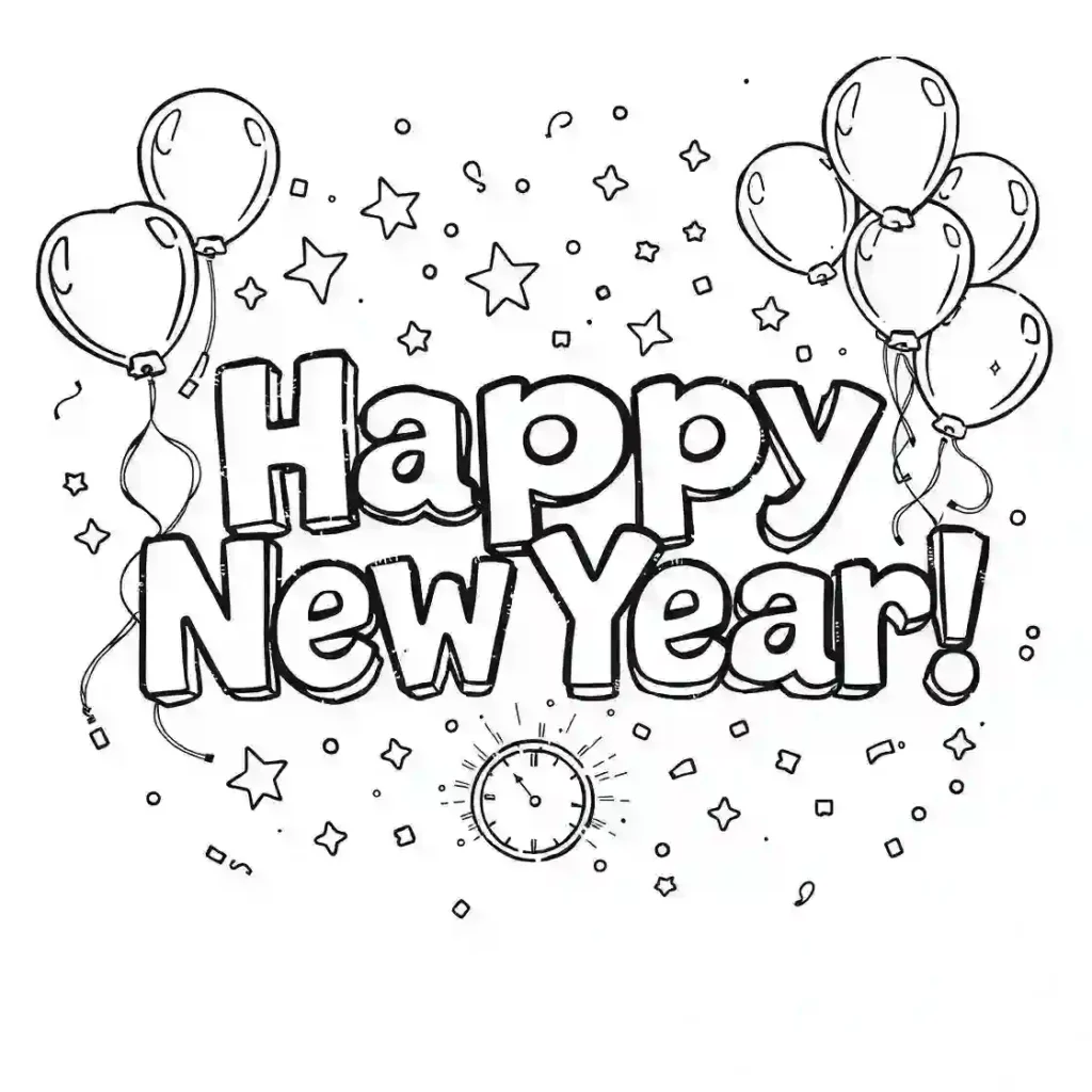 A black-and-white illustration with the text "Happy New Year!" in bold letters, surrounded by balloons, stars, confetti, and a clock at the bottom center, symbolizing a New Year countdown.