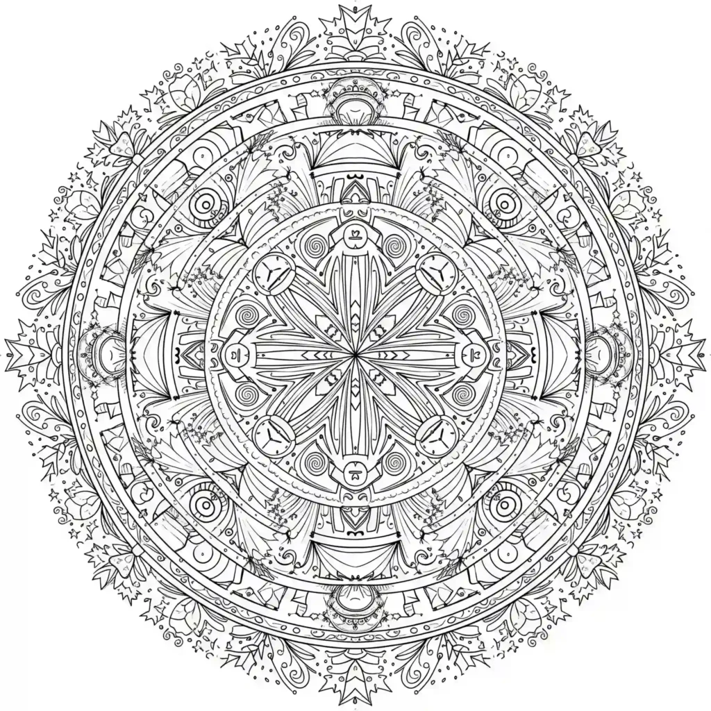 A black-and-white mandala illustration with a complex design, incorporating clocks and festive patterns, surrounded by swirls, leaves, and decorative elements, representing a New Year countdown.