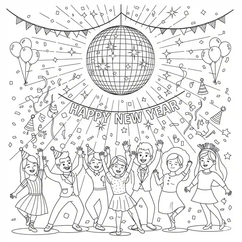A black-and-white illustration of a New Year celebration with people under a disco ball, surrounded by a "Happy New Year" banner, balloons, party hats, confetti, and streamers.