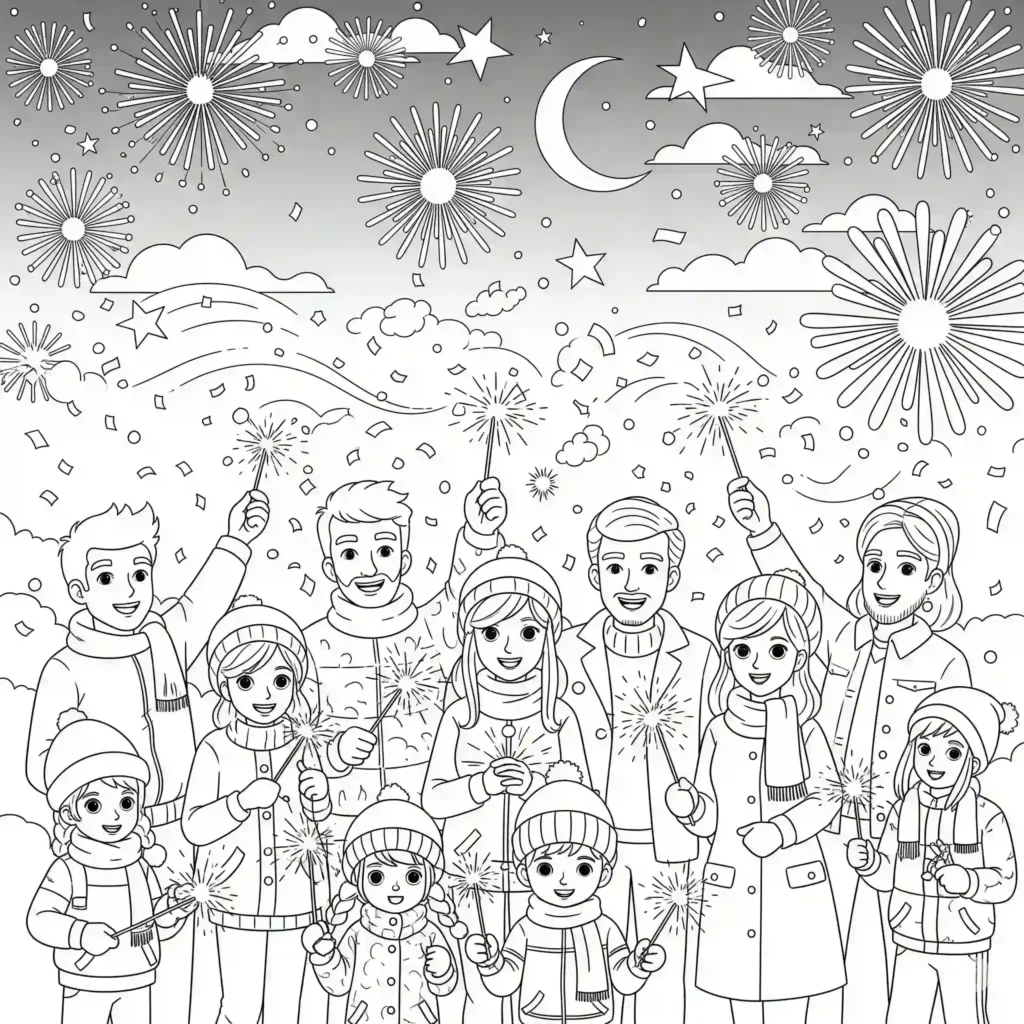 A black-and-white illustration of a family holding sparklers, celebrating the New Year under a night sky with fireworks, a crescent moon, stars, clouds, and confetti.