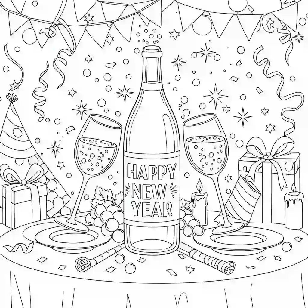 A black-and-white illustration of a New Year party table with a champagne bottle labeled "Happy New Year," two glasses, grapes, candles, gifts, party hats, and decorations including streamers, bunting, and stars.