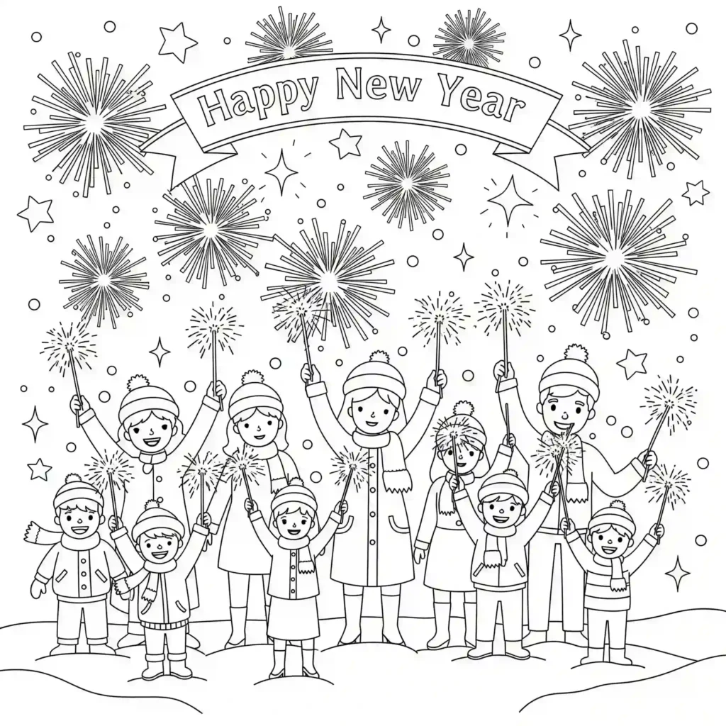 A black-and-white illustration of people in winter attire holding sparklers, celebrating under a "Happy New Year" banner with fireworks and stars in the background.