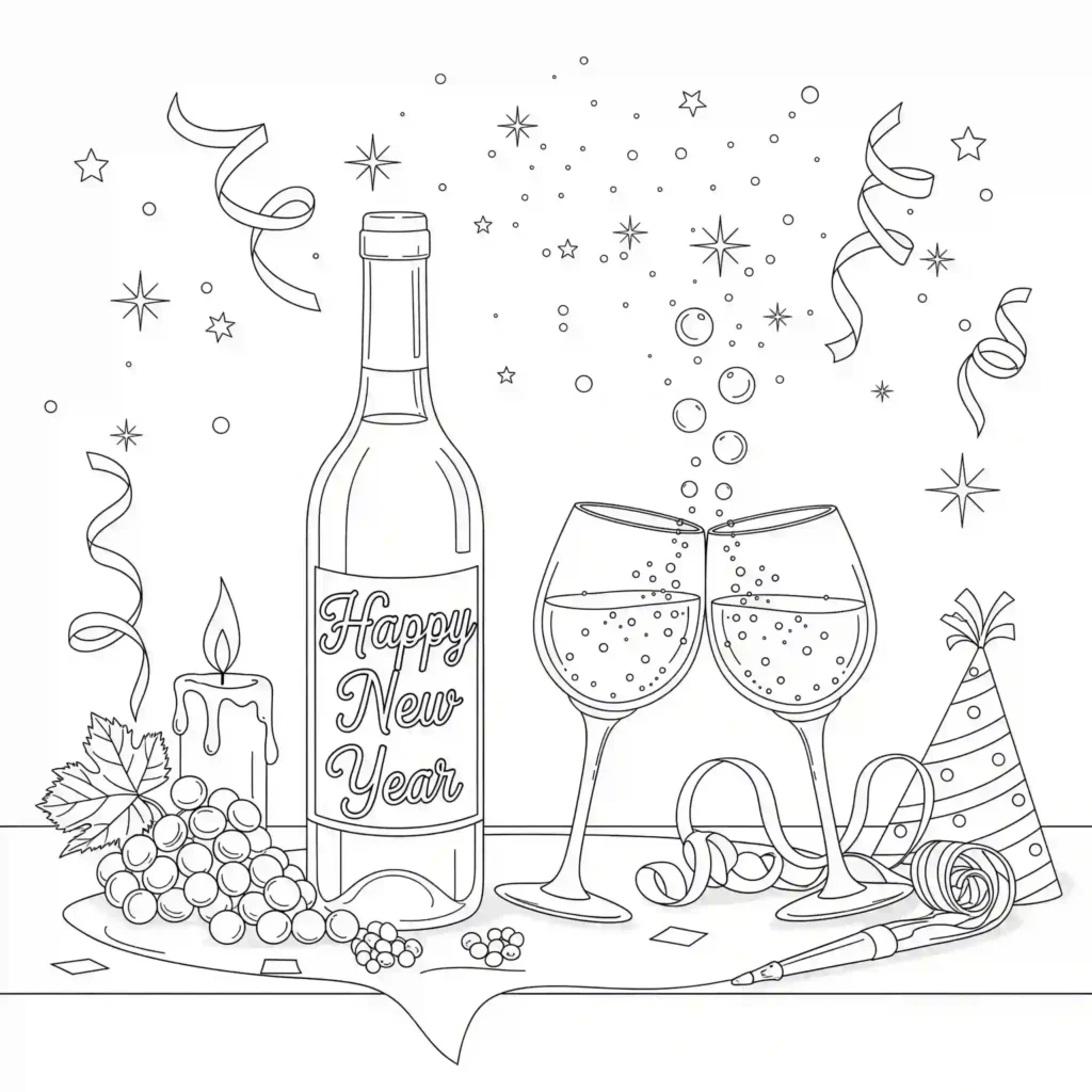 A black-and-white illustration of a New Year toast with two clinking champagne glasses, a bottle labeled "Happy New Year," grapes, a lit candle, a party hat, and streamers, surrounded by stars and confetti