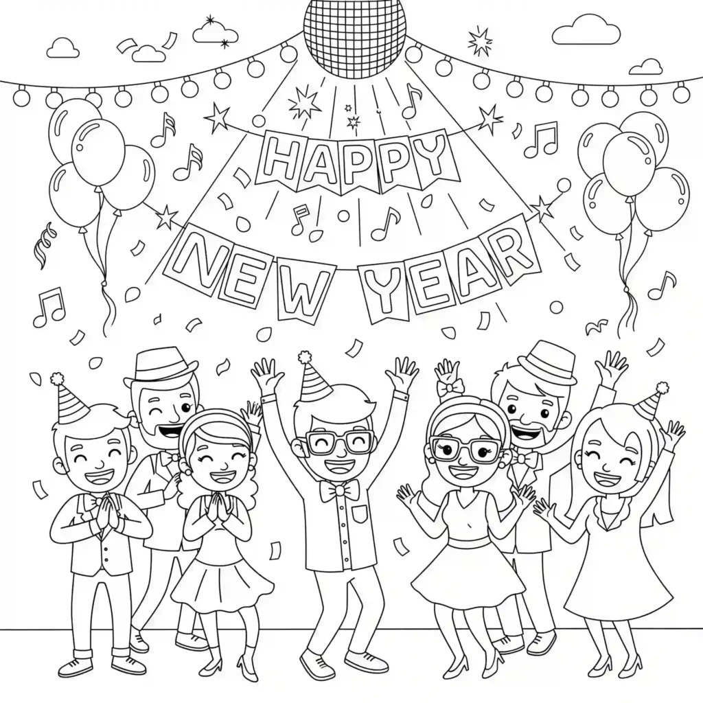 Black-and-white New Year's coloring page with people dancing under a "HAPPY NEW YEAR" banner, featuring a disco ball, string lights, balloons, confetti, and musical notes.