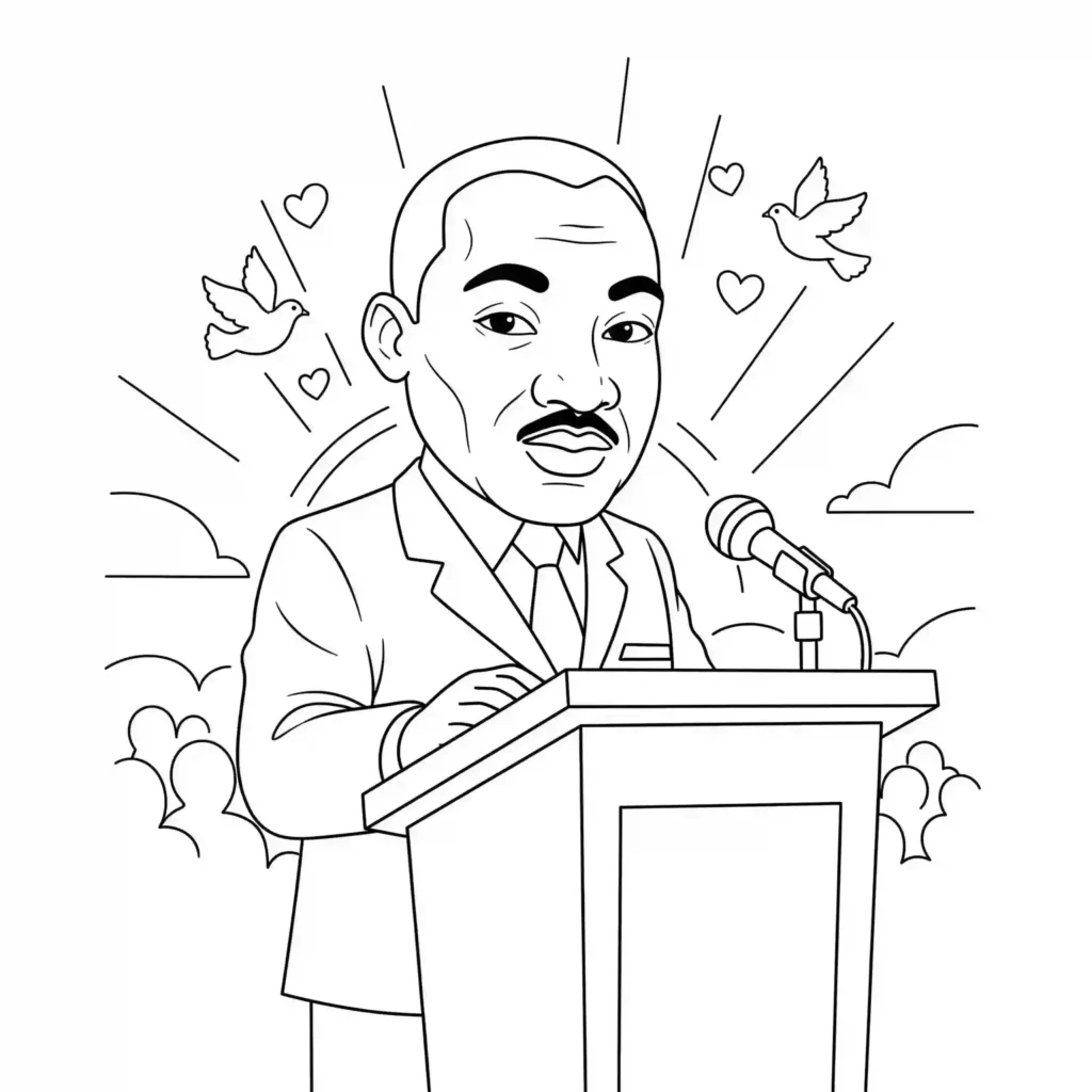Black-and-white illustration of a person in a suit speaking at a podium with a microphone, surrounded by doves, hearts, and a radiant background with a crowd and clouds, designed for coloring.