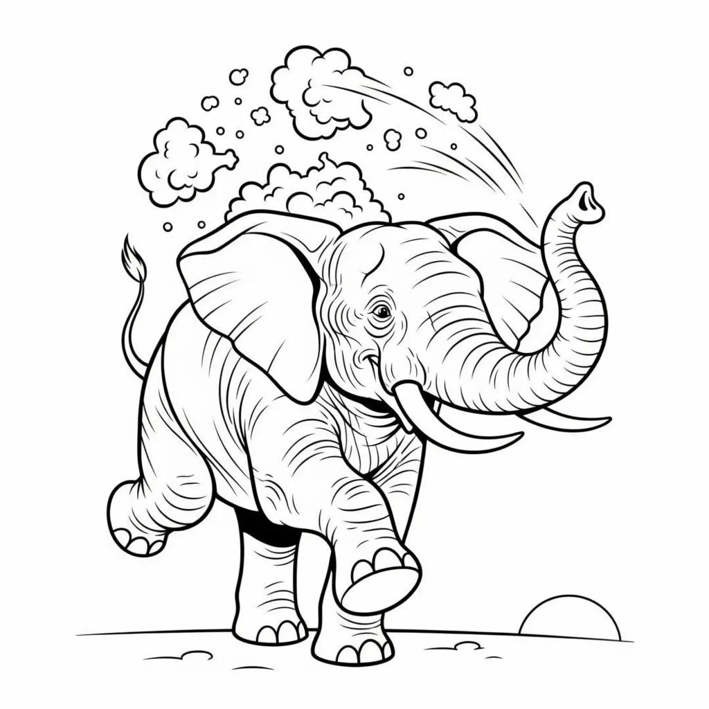 A black-and-white line drawing of an elephant spraying water from its trunk, with small clouds of water around it. The elephant is walking, and a half sun is visible on the horizon in the background.