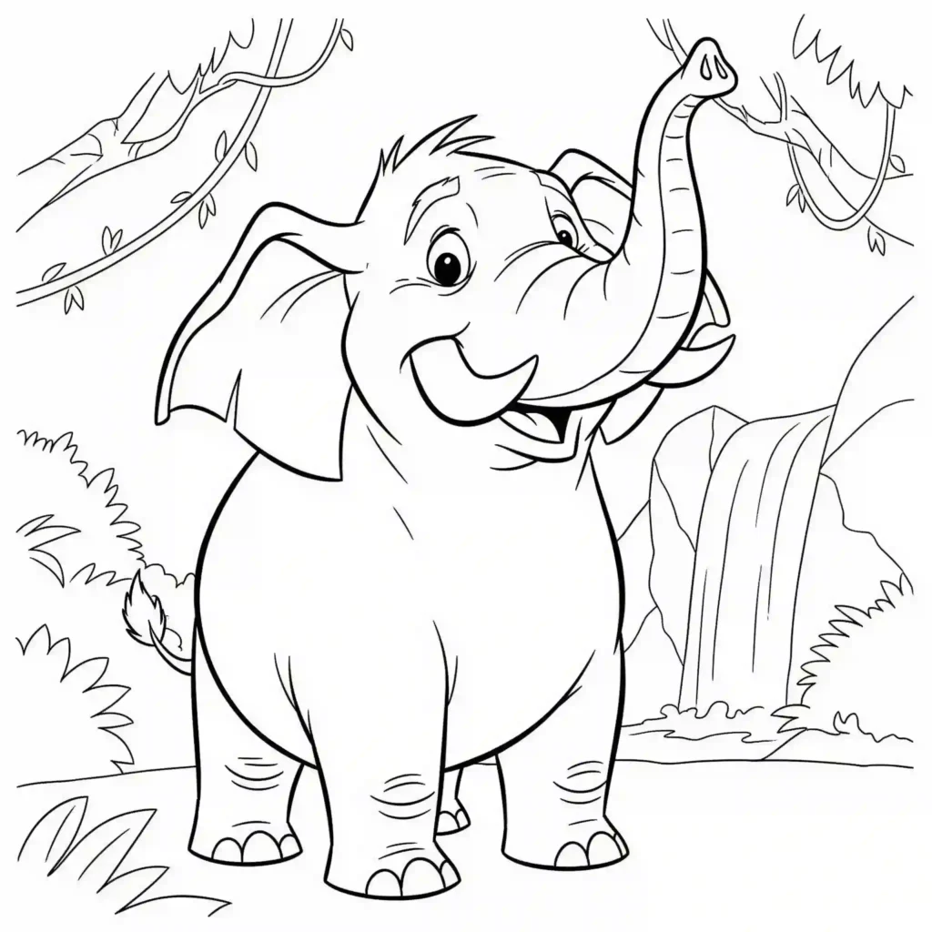 Black-and-white drawing of a cartoon elephant with a raised trunk in a jungle with vines, bushes, and a waterfall, designed for coloring.