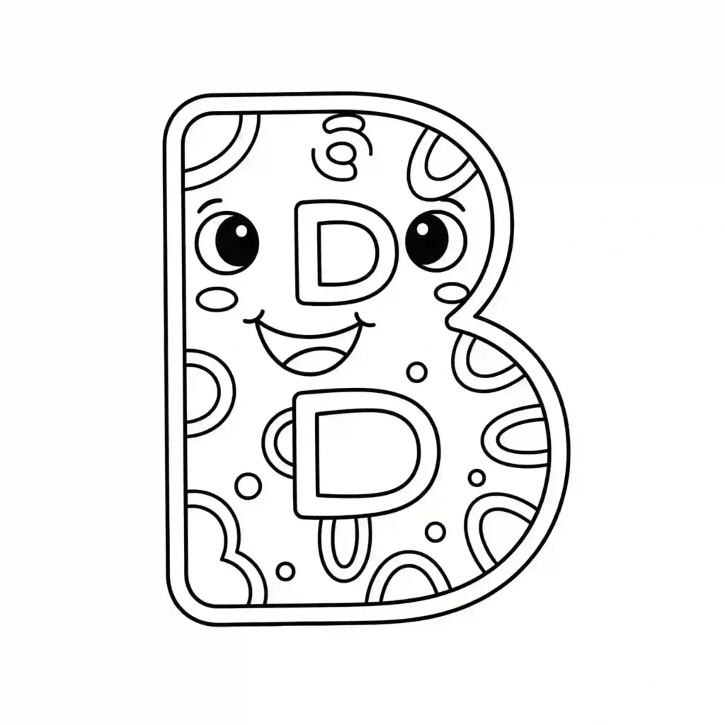 Black-and-white coloring page of a cheerful letter B with a face and decorative circle patterns.