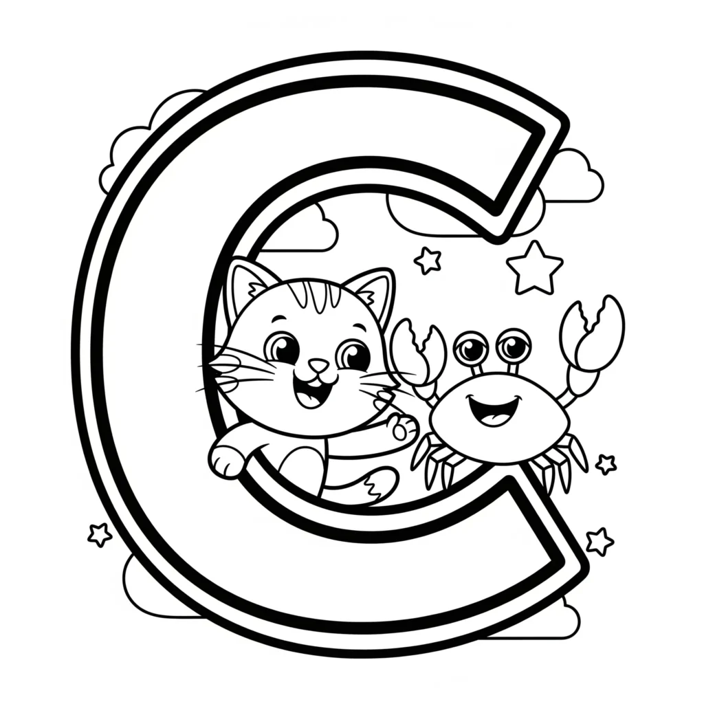 Black outline of the letter "C" with a cat and crab inside, decorated with clouds and stars on a white background.