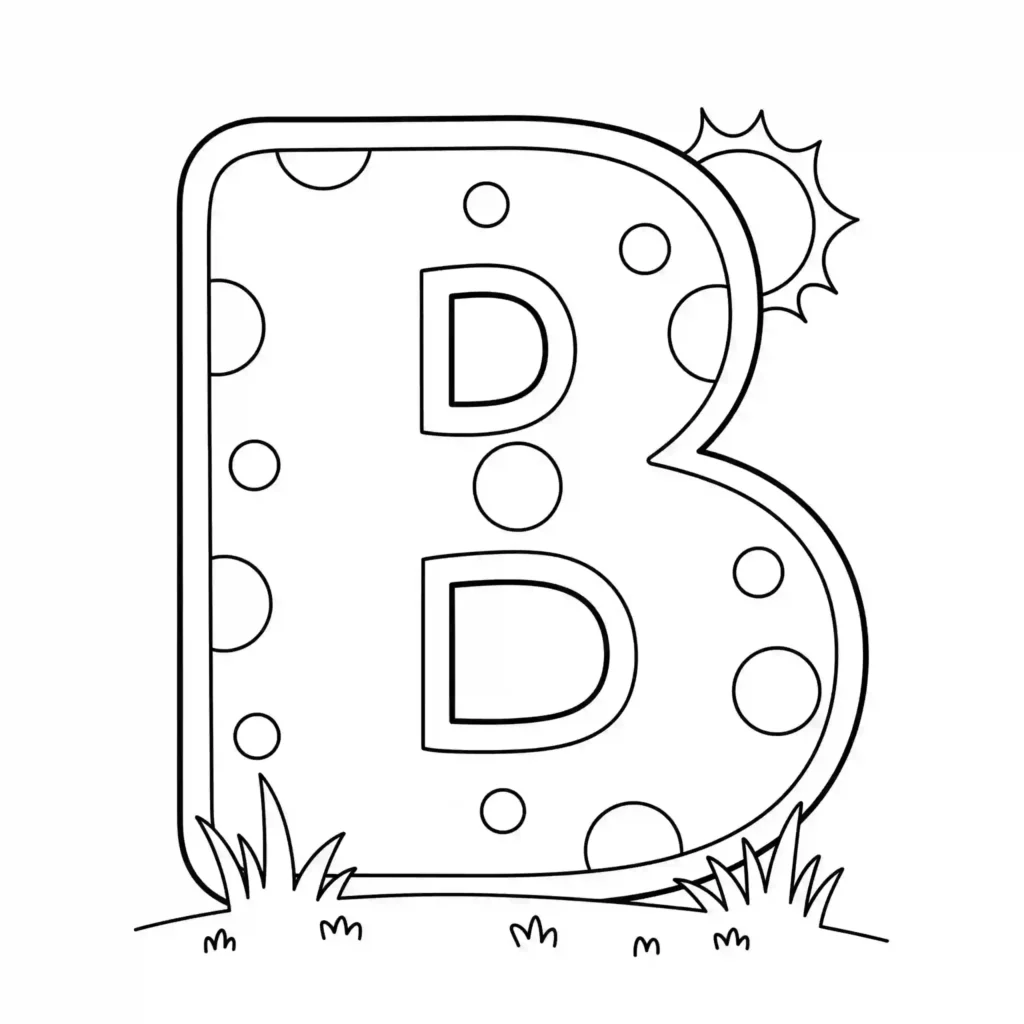 A coloring page featuring a capital letter B with polka dots, a sun in the corner, and grass at the bottom.