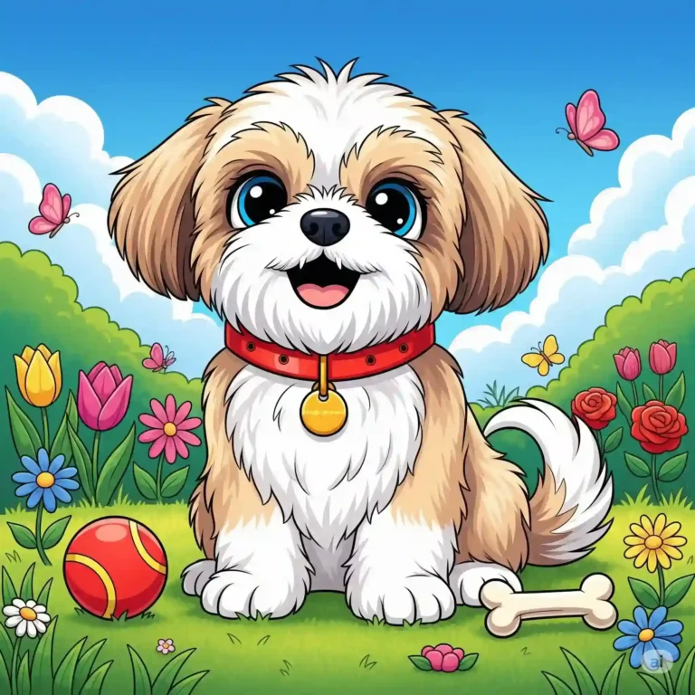 A colorful drawing of a happy puppy with a red collar in a garden, surrounded by flowers, a red ball, a bone, and butterflies under a sunny sky with clouds.