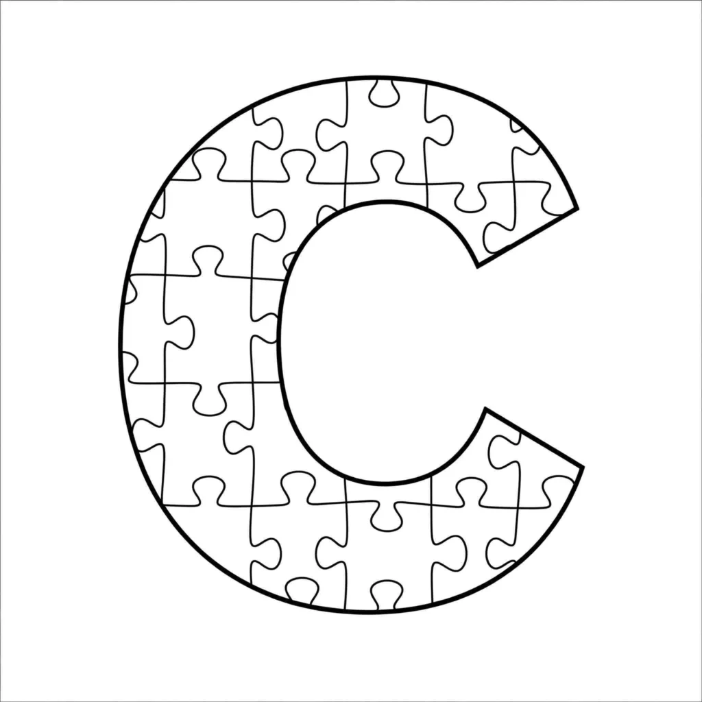 Black outline of the letter "C" formed by interlocking puzzle pieces on a white background.