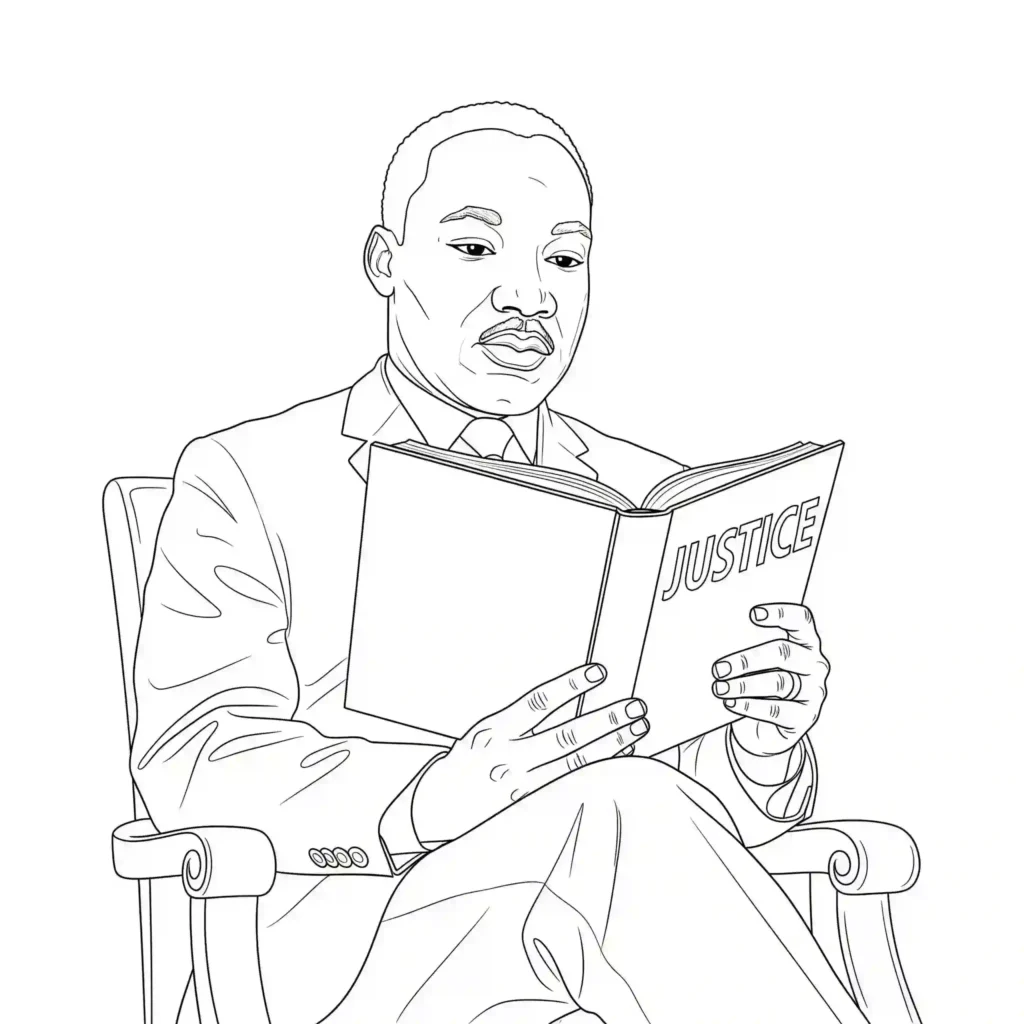 Black-and-white illustration of a person in a suit reading a book titled "Justice" while sitting on a chair, designed for coloring.