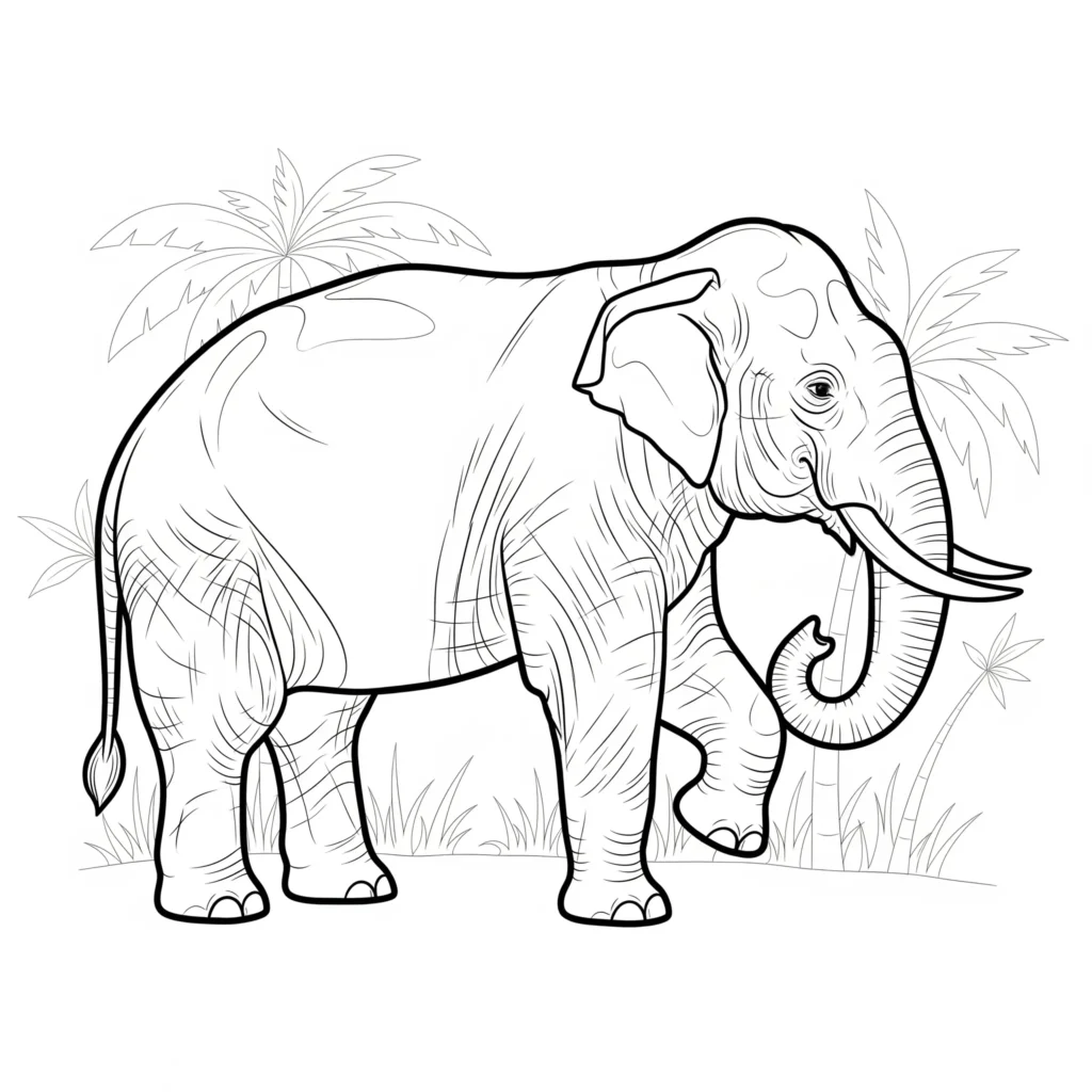 Black-and-white drawing of a realistic elephant in a jungle with palm trees and grass, designed for coloring.