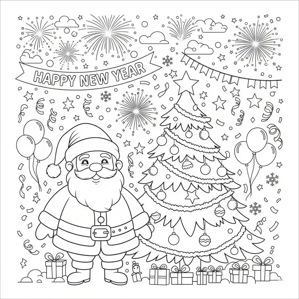 A black-and-white illustration of Santa Claus next to a decorated Christmas tree with gifts, surrounded by fireworks, balloons, confetti, snowflakes, and a banner with flags. The text "Happy New Year" is at the top, with stars and party elements in the background.