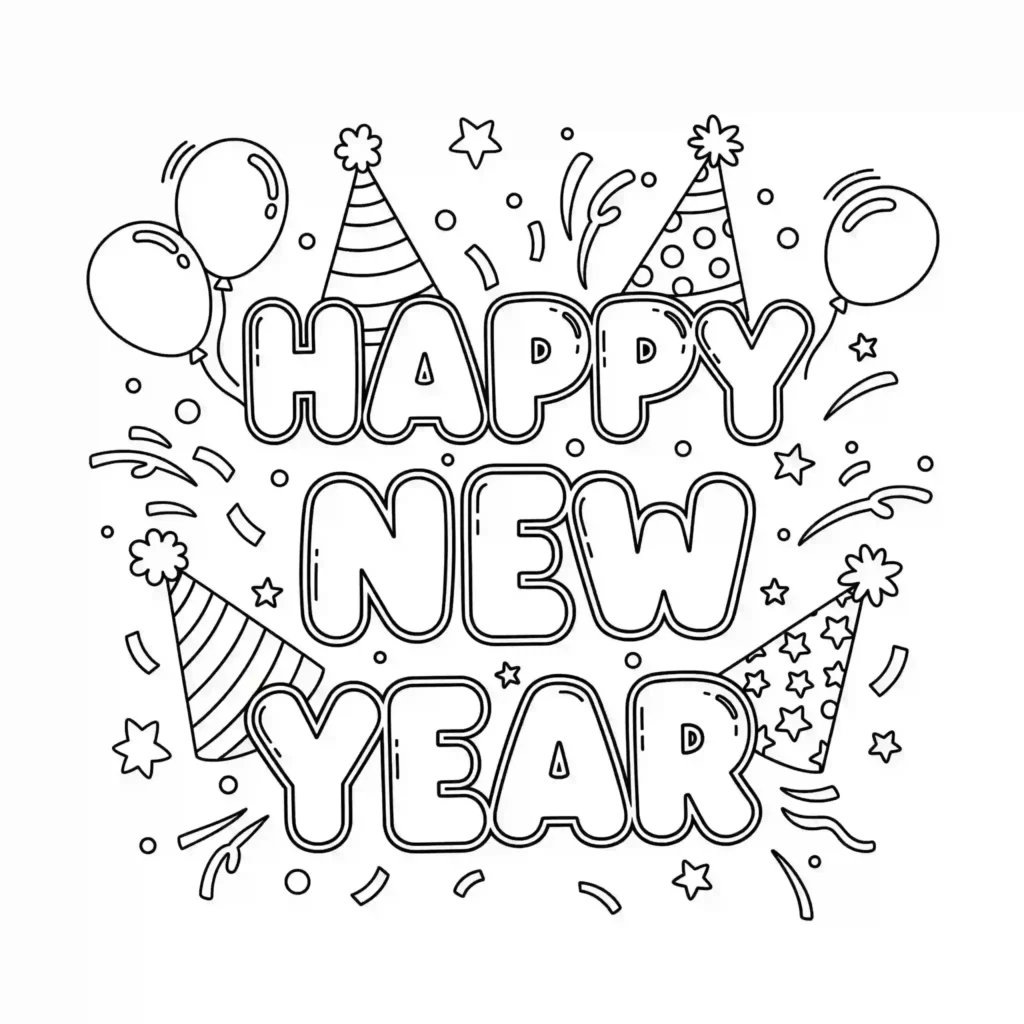 A black-and-white illustration featuring the words "Happy New Year" with party hats, balloons, confetti, and stars scattered around in a simple festive design.