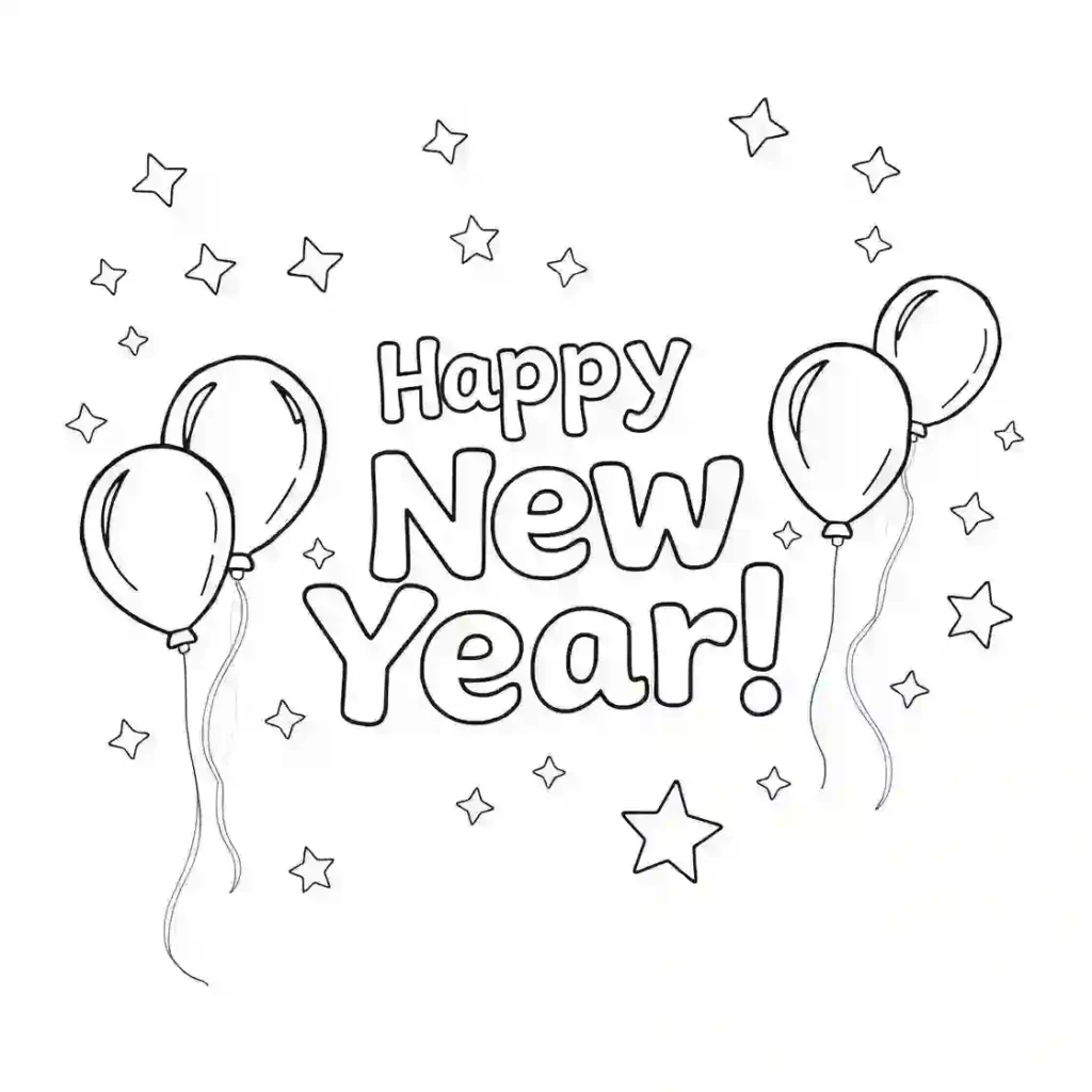 A black-and-white illustration with the text "Happy New Year!" in bold letters, surrounded by five balloons and scattered stars in a simple, festive design.