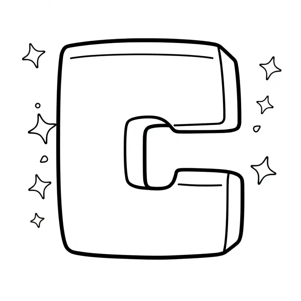 Black outline of the letter "C" with stars and dots around it on a white background.