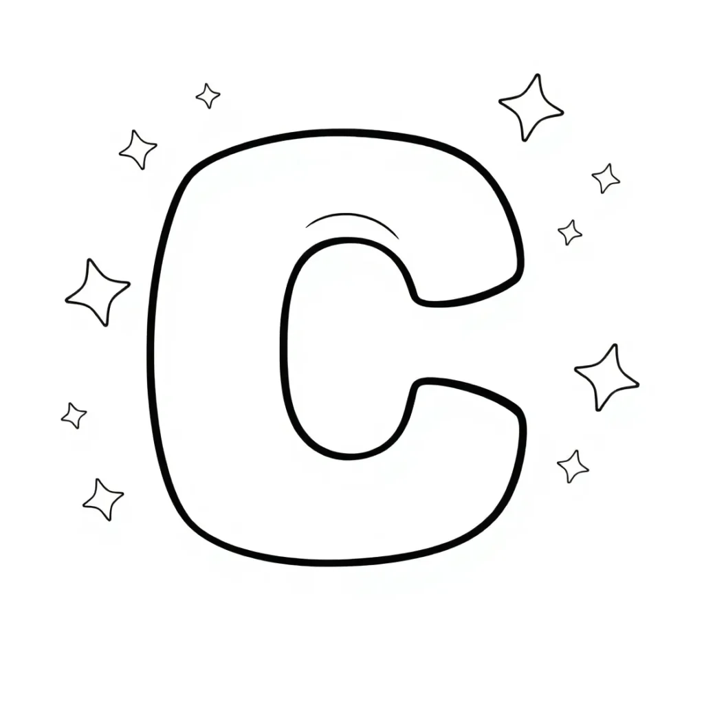 : Black outline of the letter "C" with stars around it on a white background.