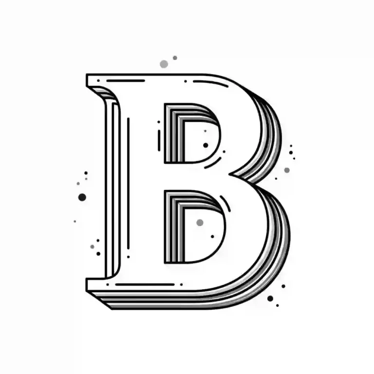 Black-and-white coloring page of the letter B with a stylized layered effect and dotted accents.