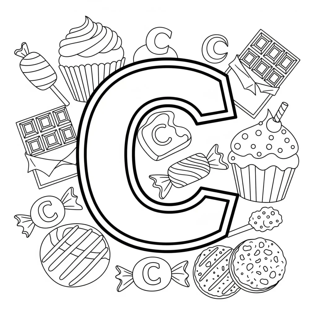 Black outline of the letter "C" encircled by sweets like cupcakes, chocolates, lollipops, candies, and cookies on a white background.