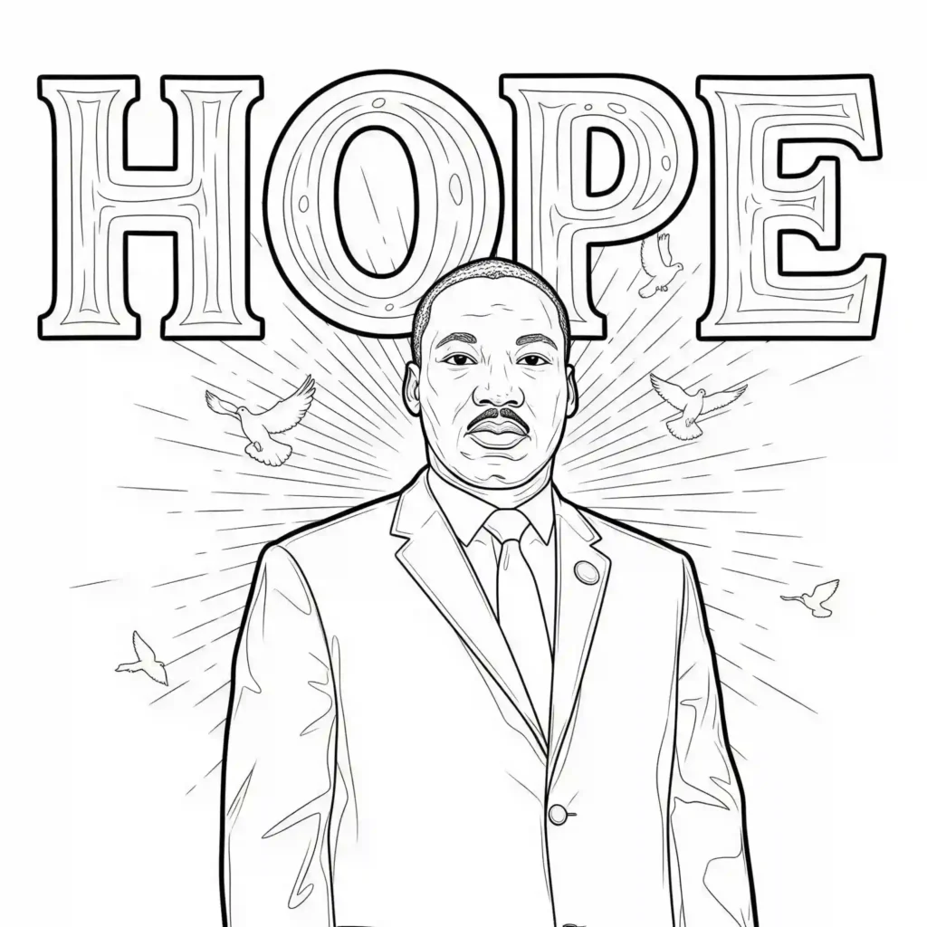 Black-and-white illustration of a person in a suit with the word "HOPE" above, surrounded by doves and a radiant background, designed for coloring.