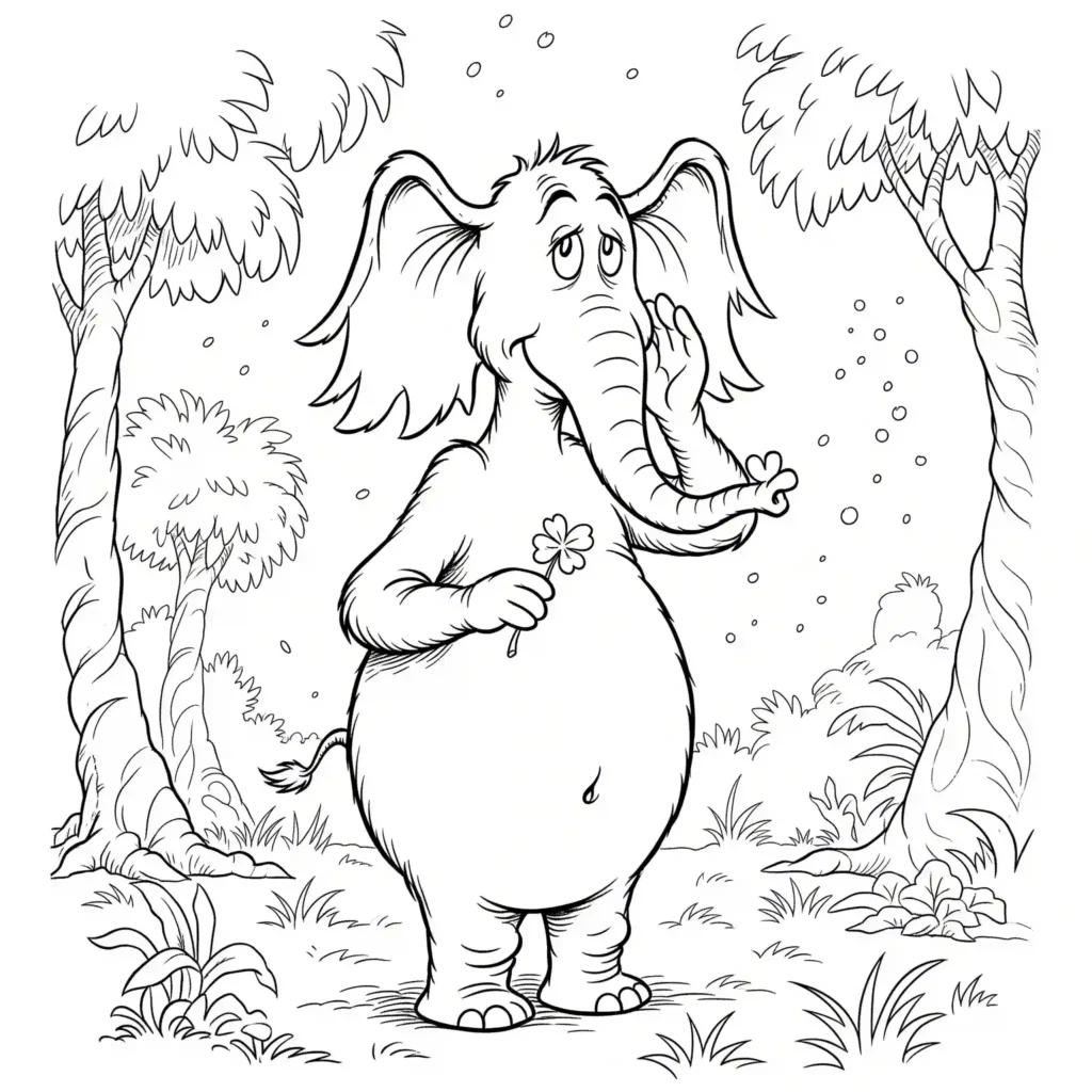Black-and-white drawing of a cartoon elephant holding a clover, looking thoughtful, in a jungle with trees and grass, designed for coloring.