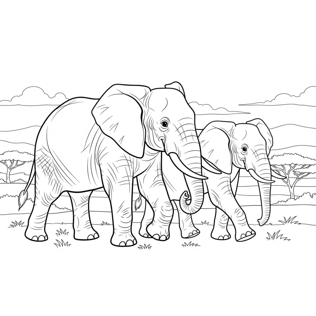 Black-and-white illustration of two elephants in a savanna with grass, trees, mountains, and clouds in the background.