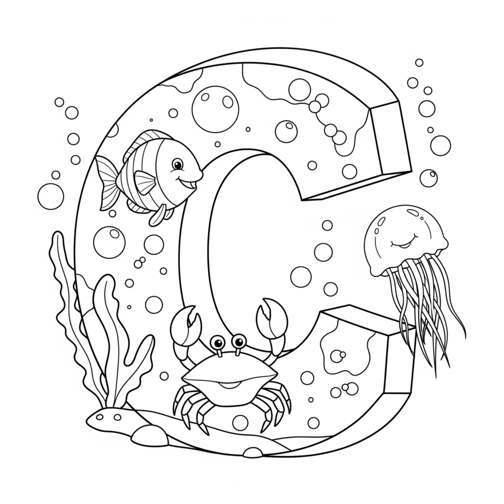 Black outline of the letter "C" with an underwater theme including a fish, crab, jellyfish, seaweed, and bubbles on a white background.