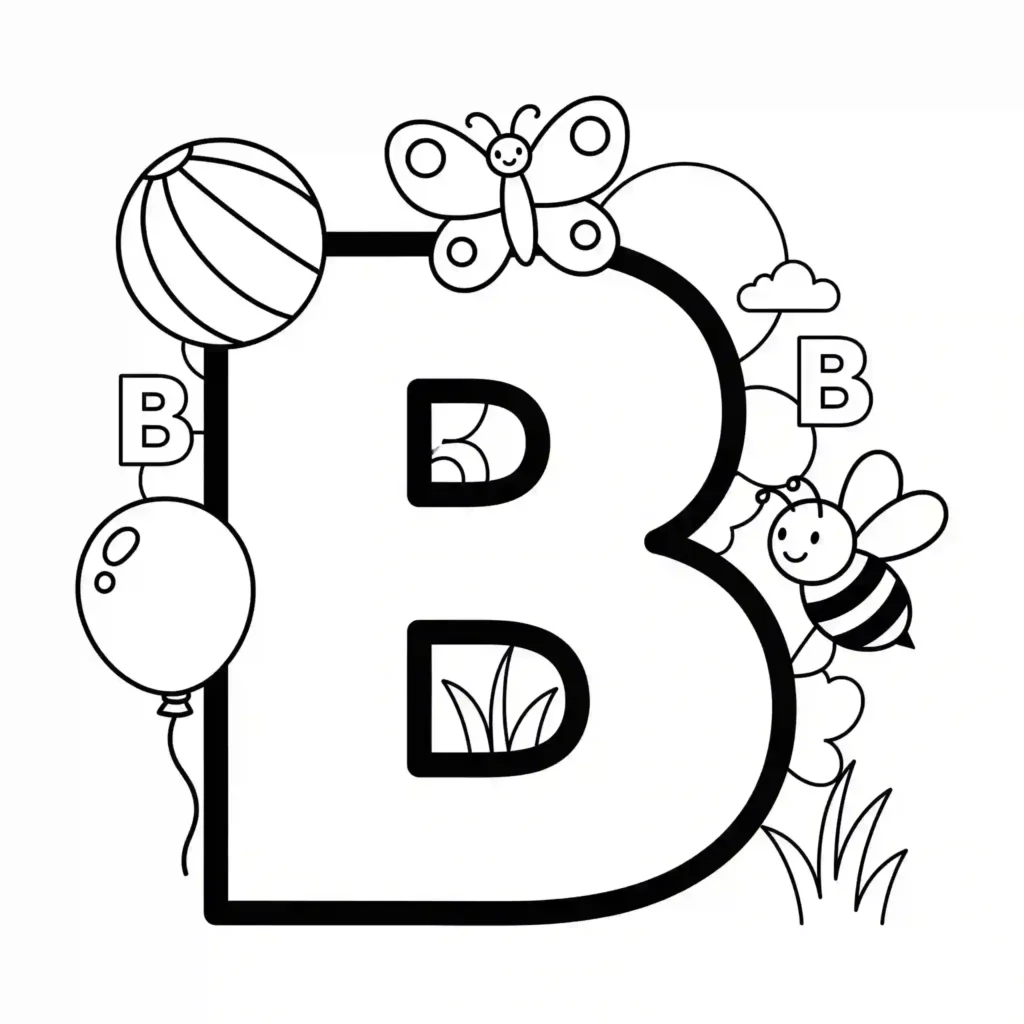 Black-and-white coloring page of the letter B, surrounded by a ball, butterfly, balloon, bee, clouds, and grass.