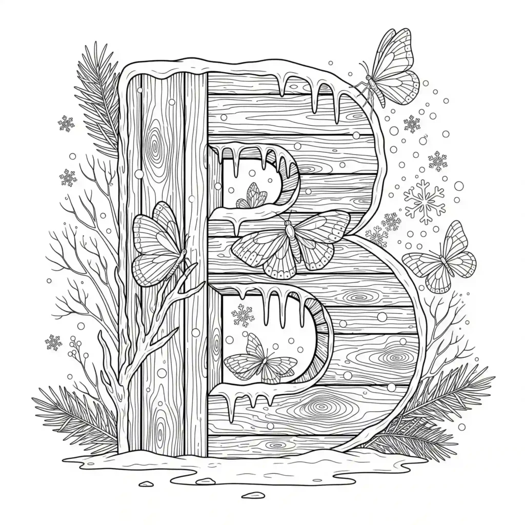 Black-and-white winter-themed coloring page featuring the letter B made of wooden planks with icicles, surrounded by snowflakes, bare branches, pine needles, and butterflies.