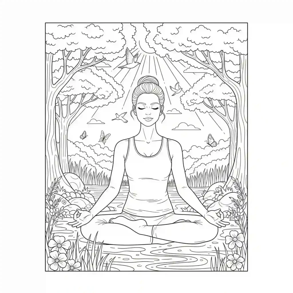 A woman meditating by a stream in a nature scene with trees, flowers, butterflies, birds, and sunlight.