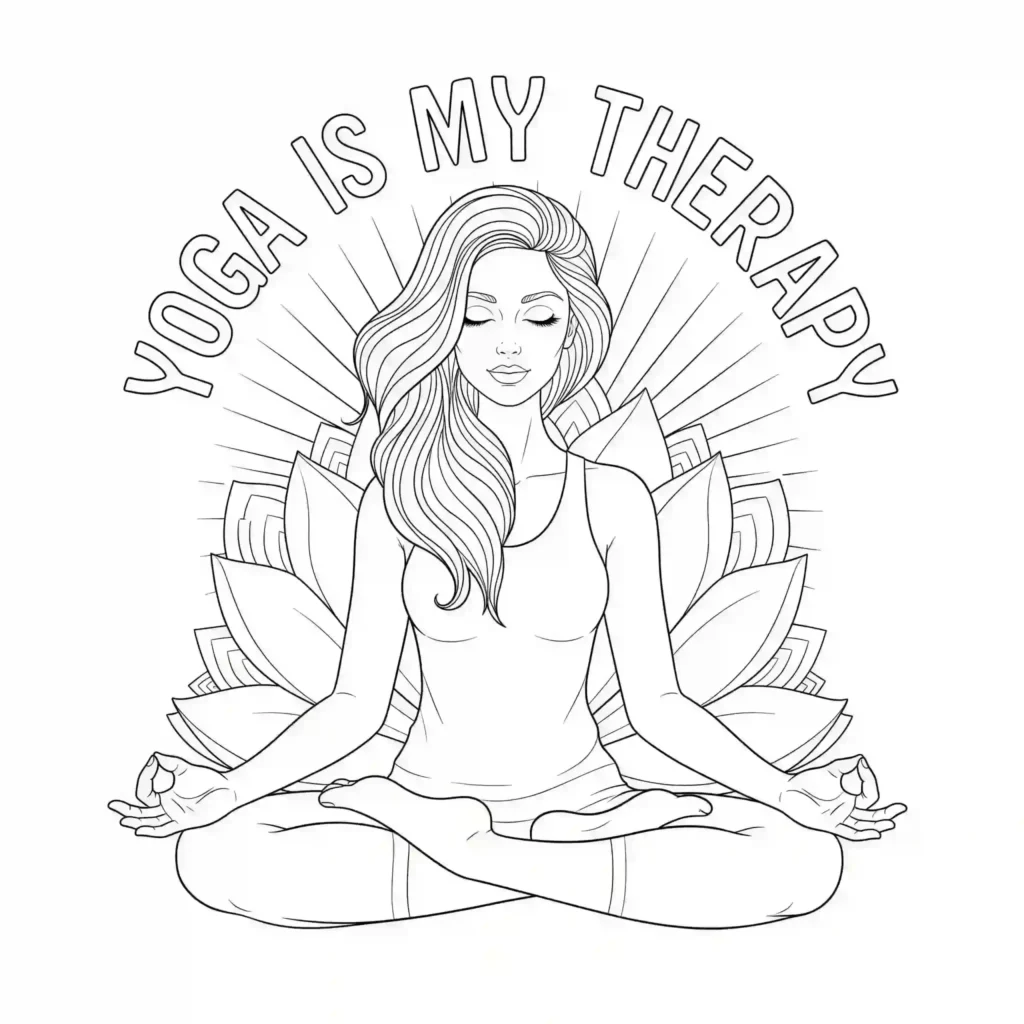 Black-and-white illustration of a woman in a lotus pose within a lotus flower design, with the text "YOGA IS MY THERAPY" above.