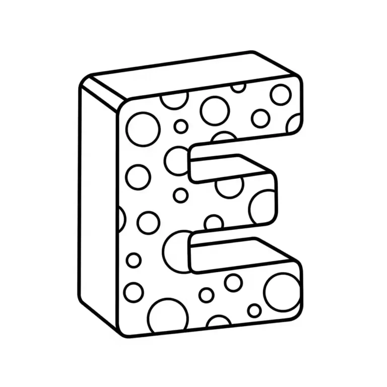3D outline drawing of the letter E with circles inside, resembling bubbles or cheese holes.