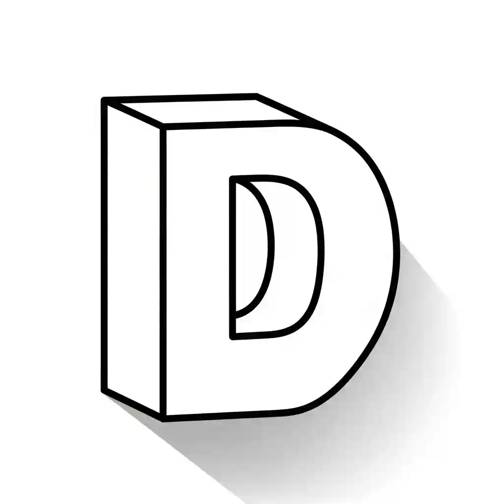 Black and white 3D letter "D" coloring page with a shadow effect.